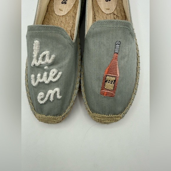 Soludos La Vie En Rosé Embroidered Espadrille Flats Blue Canvas Slip-On Shoes - Picture 3 of 16